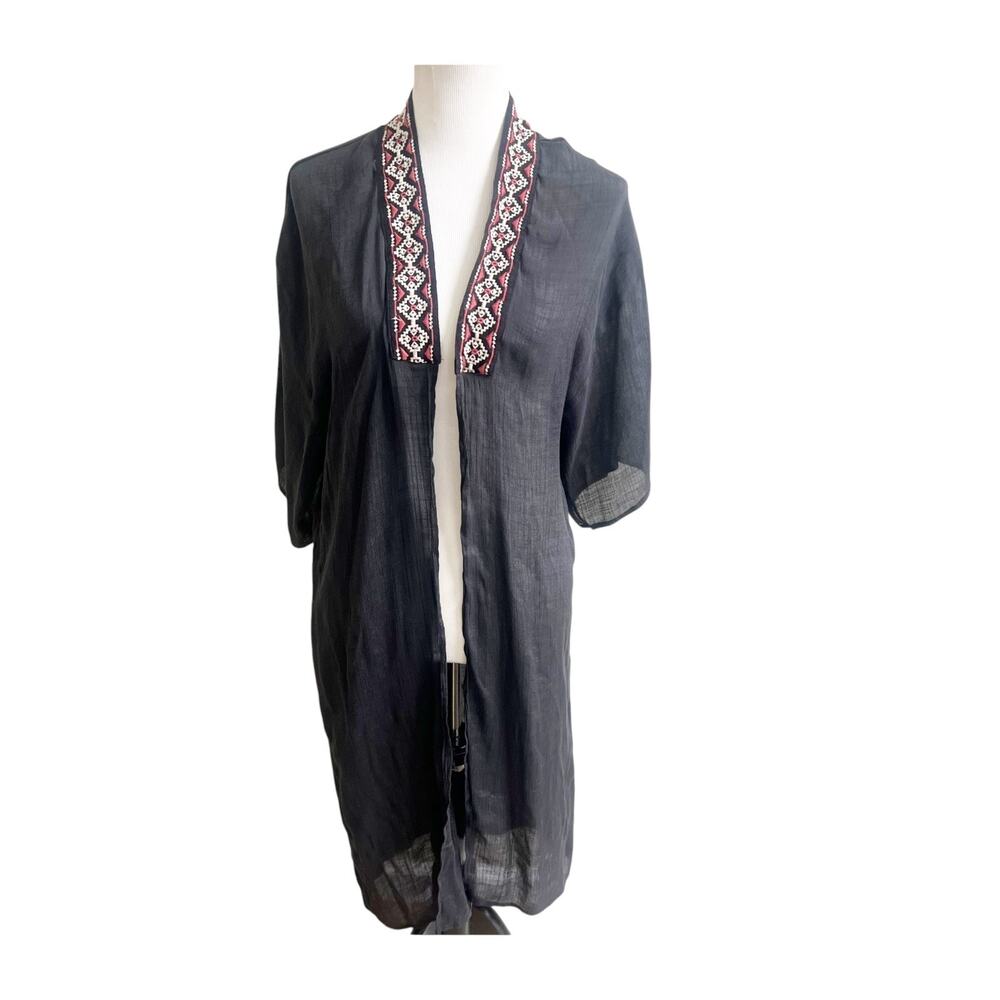 Forever 21 Longline Kimono Cardigan Womens Medium Black Embroidered Y2K Vacation